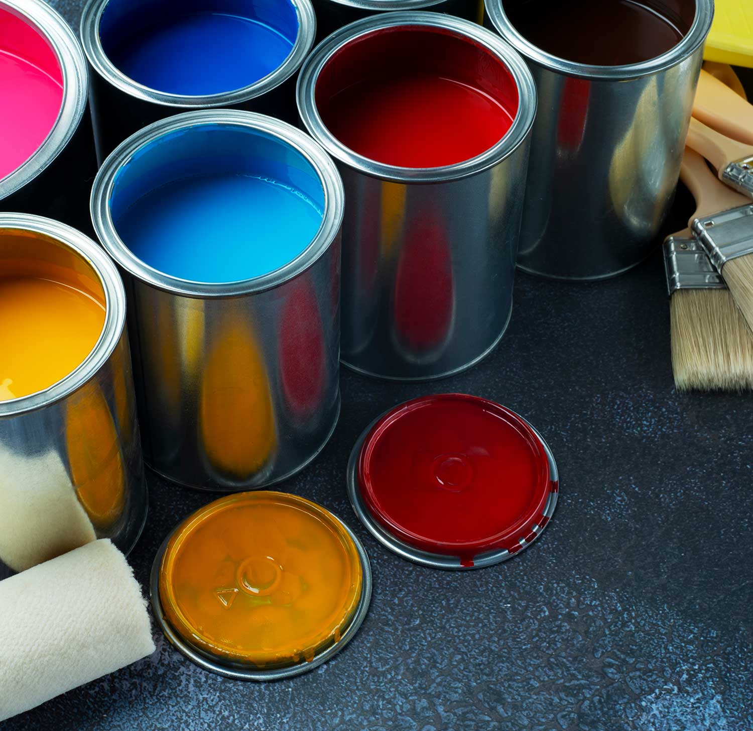 different colour paint cans